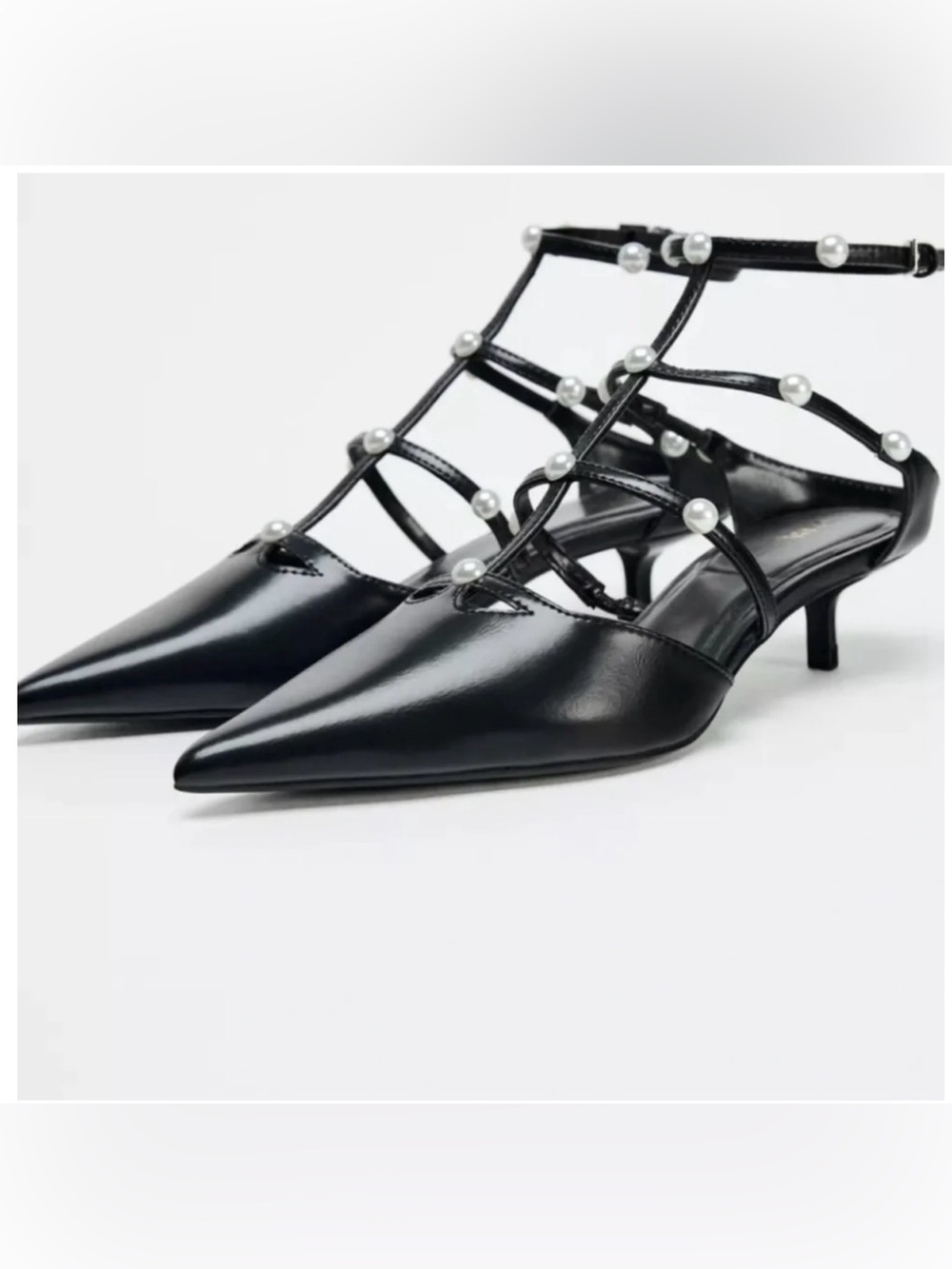 Zara Black Pointed-Toe Strappy Pumps with Pearl Accents